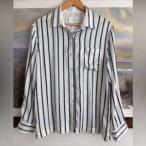 Asceno Luxury Navy & White Striped Silk Button Down Shirt / PJ Top